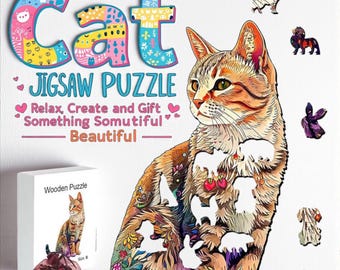 Cat Wooden Jigsaw Puzzle Gift | Animal Shaped Wooden Puzzle for Adults & Cat Lovers | Mindful Hobby | Unique Home Decor | Christmas Gift