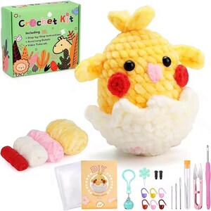 May include: Crochet kit to make a yellow chick emerging from an egg. The kit includes yarn, a crochet hook, stuffing, and instructions. The box says "Crochet Kit" and includes a list of what is included.
