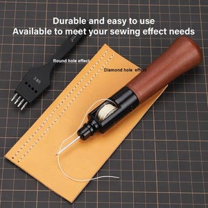 May include: A leather sewing awl with a wooden handle and a black metal body. The awl has a white thread wound around a spool. The awl is used to create holes in leather for sewing. The image also shows a leather punch with a black handle and five holes of different sizes. The text "3.85" is visible on the punch. The text "Round hole effect" and "Diamond hole effect" are also visible in the image.