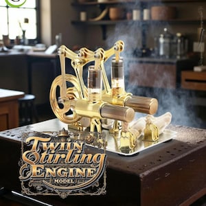 May include: A gold-coloured Twin Stirling Engine Model with intricate details. The model features a flywheel, cylinders, and connecting rods. The base is a dark brown colour, and the model is displayed on a reflective surface. The text "Twin Stirling Engine Model" is visible.
