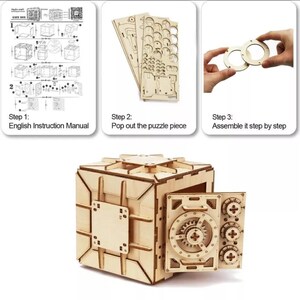 May include: A wooden 3D puzzle of a safe with a working dial. The puzzle is in three stages: the instructions, the pieces, and the assembled safe.