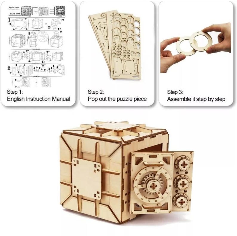 May include: A wooden 3D puzzle of a safe with a working dial. The puzzle is in three stages: the instructions, the pieces, and the assembled safe.