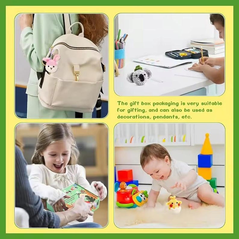May include: A set of four crocheted animal toys, including a pink bunny, a koala, a yellow chick, and a red and green toy car. The toys are displayed on a white rug and a white desk. The gift box packaging is very suitable for gifting, and can also be used as decorations, pendants, etc.