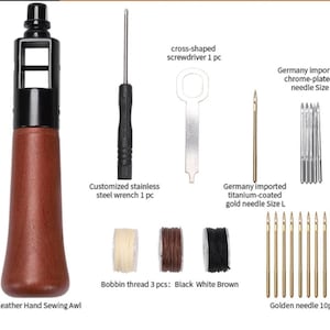 May include: Leather hand sewing awl with a wooden handle, a set of needles, bobbins of thread, a screwdriver, and a wrench. The needles are labeled "Germany imported titanium-coated gold needle Size L" and "Germany imported chrome-plated needle Size".
