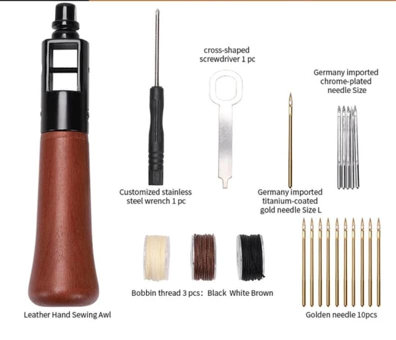 May include: Leather hand sewing awl with a wooden handle, a set of needles, bobbins of thread, a screwdriver, and a wrench. The needles are labeled "Germany imported titanium-coated gold needle Size L" and "Germany imported chrome-plated needle Size".
