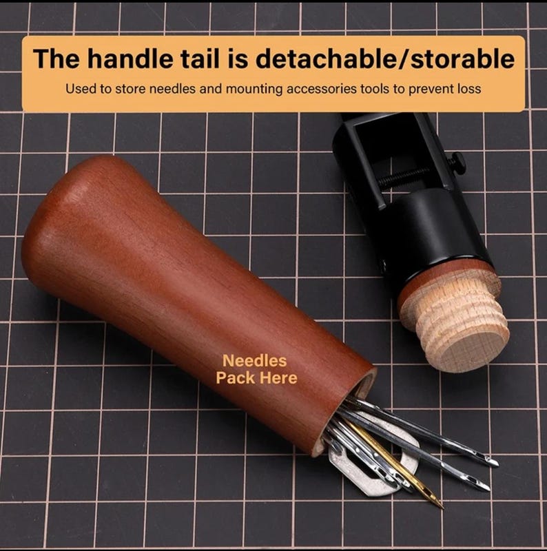 May include: A brown wooden handle with a detachable metal tail. The handle has a compartment for storing needles, labeled "Needles Pack Here".