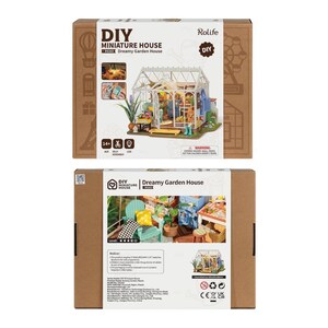 May include: A DIY miniature house kit, labeled "Dreamy Garden House," is displayed on a brown cardboard box. The box features an image of the completed miniature house, a detailed greenhouse with miniature furniture and plants. The kit includes LED lights and is for ages 14+.