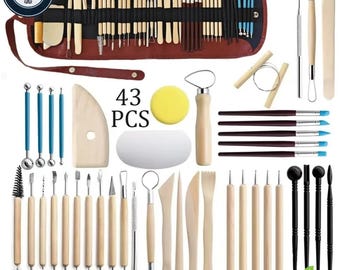 43-piece pottery sculpting tools kit | clay modeling and carving set with carry bag