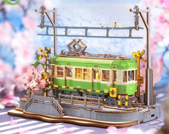 Rolife Sakura Journey 3D Wooden Puzzle - Cherry Blossom Tram DIY Model, 223-Piece Romantic Japanese Diorama Craft Kit
