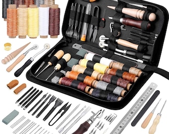 May include: A black leather case filled with leatherworking tools and supplies. The case includes needles, awls, thread, a ruler, and a stitching pony. The tools are arranged neatly in the case, and the thread is in a variety of colors.