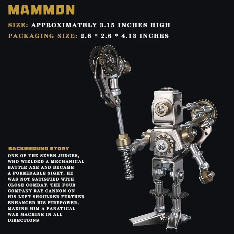 May include: A metallic robot sculpture named "Mammon" with gears, bolts, and a mechanical axe. The robot is approximately 3.15 inches tall. The packaging size is 2.6 x 2.6 x 4.13 inches. The background story is also included.