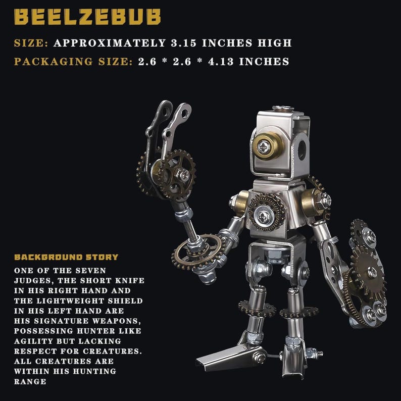 May include: A metallic robot sculpture with gear details, approximately 3.15 inches high. The robot has a square head, circular accents, and a gear-like shield. The text "BEELZEBUB" is at the top.