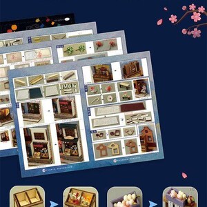 K&ouml;nnte beinhalten: Detaillierte Tutorial-Abbildung mit Schritt-f&uuml;r-Schritt-Anleitungen zum Zusammenbau eines japanischen Miniatur-Ladens. Das Bild zeigt mehrere Seiten mit detaillierten Diagrammen und Nahaufnahmen der Komponenten.