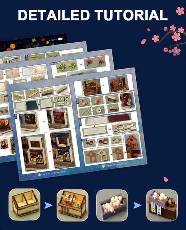 K&ouml;nnte beinhalten: Detaillierte Tutorial-Abbildung mit Schritt-f&uuml;r-Schritt-Anleitungen zum Zusammenbau eines japanischen Miniatur-Ladens. Das Bild zeigt mehrere Seiten mit detaillierten Diagrammen und Nahaufnahmen der Komponenten.
