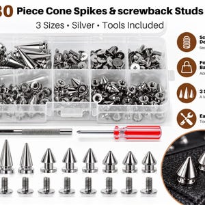 May include: A 180-piece set of silver-coloured cone spikes and screwback studs in a clear plastic organiser box. The kit includes various spike sizes, a metal hole punch tool, and a screwdriver with a red handle for installation on fabric or leather.