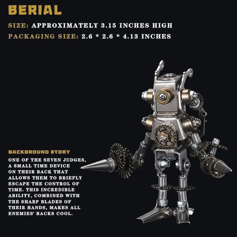 May include: A metallic robot figurine with gear and cog details, approximately 3.15 inches high. The robot has sharp blades and a time device. The text on the image says "BERIAL".