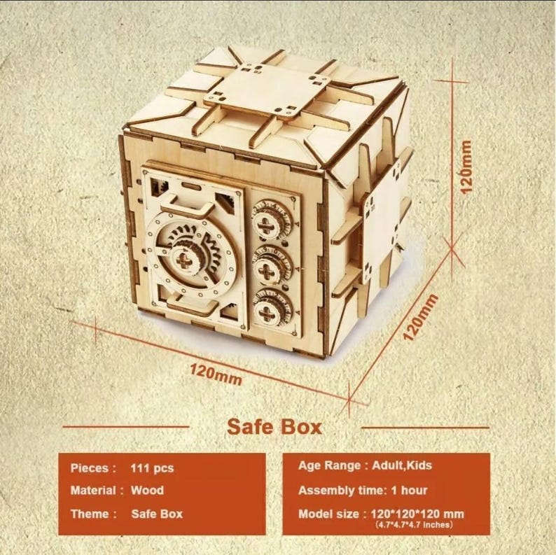 May include: A wooden 3D puzzle of a safe box with a combination lock. The puzzle is 4.7 inches in size and has 111 pieces. The safe box is made of wood and is a fun and challenging project for adults and kids.