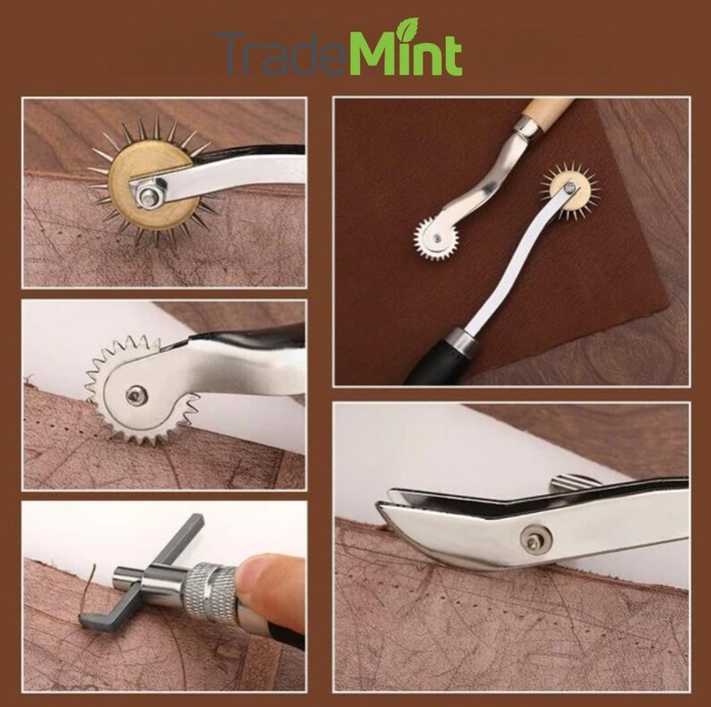 Pu&ograve; includere: Set di quattro strumenti per la lavorazione del cuoio. Gli strumenti includono un punteruolo per cucire, una ruota per cucire e due tipi diversi di ruote per punzonare. Gli strumenti sono in metallo e hanno manici in legno.