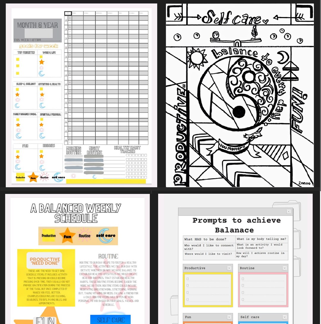 Balanced Schedule 3 Page Printable + Self Care Coloring Page - Balance ...