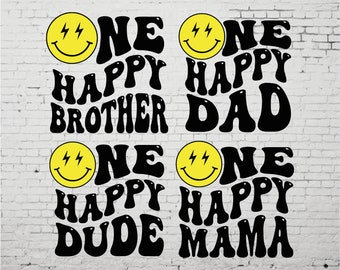 Paquete de 4 Svg de cumpleaños a juego para un tipo feliz, regalo de cumpleaños para una familia feliz, familia de cumpleaños, cara sonriente retro Svg