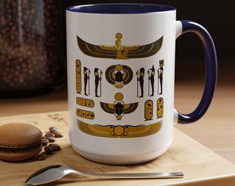 Ancient Egyptian Coffee Mug – Egyptian Symbol Design Cup – Winged Sun Disk & Hieroglyph Art – Mythology Gift for History Lovers S-411