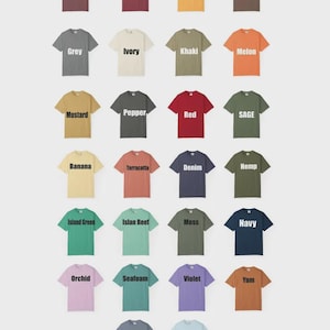 May include: A collection of twenty-six short-sleeve crew neck t-shirts arranged in a grid. Each shirt is a different solid color with the corresponding color name printed in white or black text across the center of the chest area.
