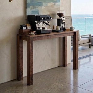 Solid Wood Coffee Station Table, Modern Espresso Bar Stand, Minimalist Hardwood Console, Luxury Kitchen Nook