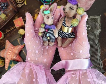 Circus Strongmen Mini Teddy Duo – Artist Teddy Bear & Bunny “Brothers Atlas and Piccolo” – OOAK Collectible