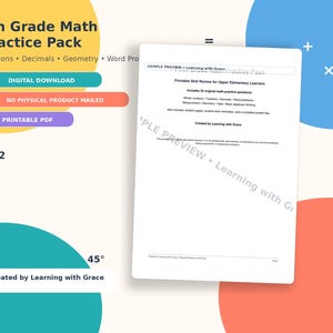 Può includere: Un download digitale per la pratica della matematica di 5a elementare. L'immagine mostra un documento bianco con testo, tra cui "5th Grade Math Practice Pack" e "Printable Skill Review for Upper Elementary Learners". Forme colorate e caselle di testo sullo sfondo.