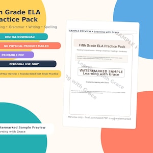 May include: A digital download graphic for a 5th Grade ELA Practice Pack. The image includes text that reads "Reading, Grammar, Writing, Spelling" and "Digital Download". A sample preview of the practice pack is also shown.
