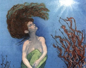 Mermaid VII watercolor wall art print underwater coral blue water meditate