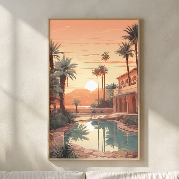 Oasis Sunset Palms Print, Mid Century Tropical Art, Boho Chic Paradise Poster, Palm Tree Reflection Art, Serene Landscape Decor