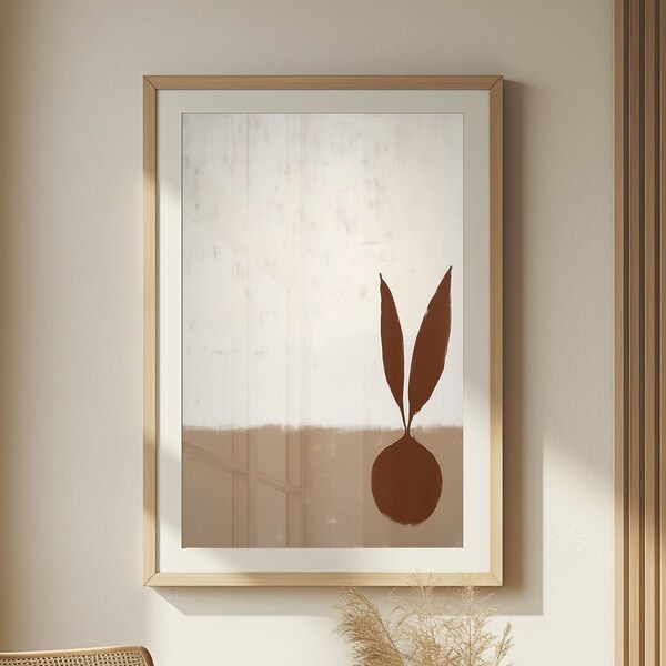 Solitary Seedling, Simple Botanical Silhouette, Rustic Earth Tone Art for Natural Home Decor