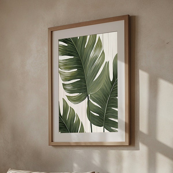 Emerald Essence, Vibrant Monstera Leaf Print, Botanical Elegance for Home Decor, Modern Digital Artwork