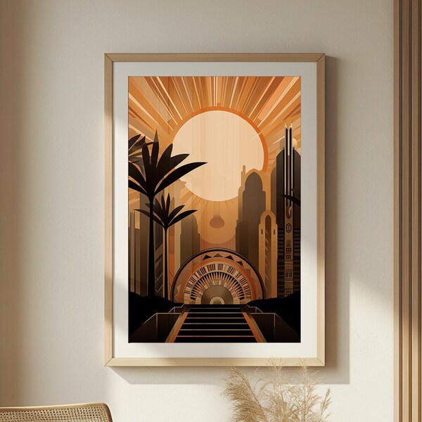 Art Deco Dawn, Metropolitan Silhouette Print, Sunrise Cityscape Art, Vintage Glamour Wall Decor, Mid Century Poster, Wall Art