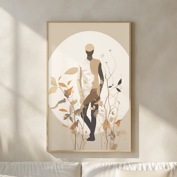 Elegance in Nature, Abstract Woman and Foliage Art, Warm Neutrals Canvas, Modern Botanical Silhouette, Contemporary Chic Print, Wall Art