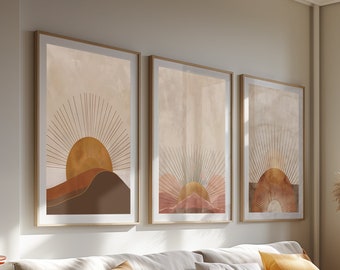 Boho Golden Hour Art, Radiant Dawn Art Series - Set van drie Sunrise Prints, warme aardse tinten, Instant Digitale Download, Mid Century Art