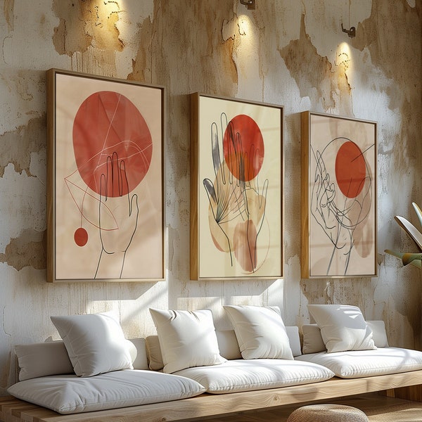 Sunset Serenity: Stylized Solar Embrace, Artistic Hand Gestures Series, Affordable Modern Prints for Home Decor, Modern Boho Art