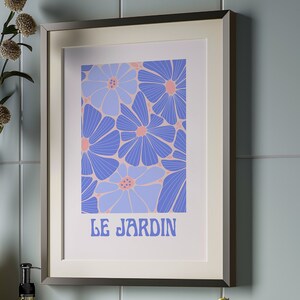 Le Jardin Poster, Floral Wall Art, French Botanical Print, Blue and Peach Flower Art, Botanical Garden Poster, Colorful Decor, Floral Print