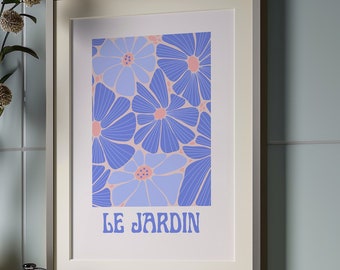 Le Jardin Poster, Blumenwandkunst, Französischer Botanischer Druck, Blaue und Pfirsich Blumen Kunst, Botanisches Garten Poster, Buntes Dekor, Blumendruck