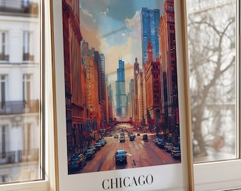 Chicago USA Poster, Urban Cityscape Art Print, Windy City Wall Art, Chicago Travel Poster, City Decor, Skyscraper Print, City Wallpaper