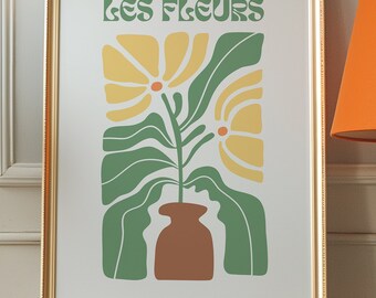 Les Fleurs Poster, Retro Botanical Wall Art, Yellow and Green Floral Print, Mid-Century Modern Wallpaper, French Typography Wall Affiche