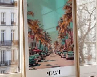 Miami Poster, Vintage Miami Beach Art, USA Travel Print, Palm Tree Street Scene, Retro Miami Wall Art, South Beach Decor, Coastal Art Print