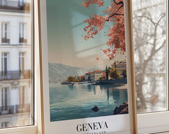Affiche ville de Genève, impression d'art lac Léman Suisse, art mural pittoresques Alpes suisses, décoration nature au bord du lac, affiche de printemps, papier peint pays