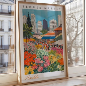 Poster del mercato dei fiori di Honolulu, arte murale con skyline hawaiano, stampa di un vivace mercato cittadino, carta da parati del mercato urbano di Honolulu, mercato dei fiori tropicali