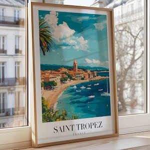 Póster de Saint Tropez, Francia, arte mural de la Riviera Francesa, impresión de un pueblo costero, decoración mediterránea, póster de viaje de Saint Tropez, arte playero de verano