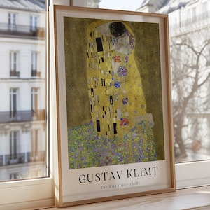 De kus, Gustav Klimt-poster, collectie Belvedere museum, symbolistisch decor, art nouveau-print, modern gouden behang, renaissancekunst