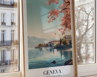 Affiche ville de Genève, impression d'art lac Léman Suisse, art mural pittoresques Alpes suisses, décoration nature au bord du lac, affiche de printemps, papier peint pays