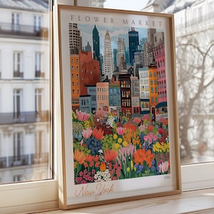 New York Flower Market Poster, NYC Market Scene Art,New York Travel Poster, New York City Wall Decor, Colorful Floral Market Poster, NY Art