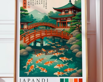 Japanese Koi Pond Poster, Japandi Garden Wall Art, Pagoda Bridge Print